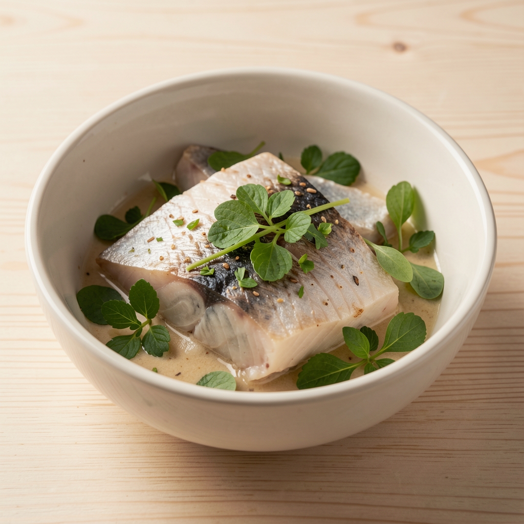 Schüssel mit gedämpftem Fisch und frischen Kräutern auf hellem Holztisch, editoriale Aufnahme